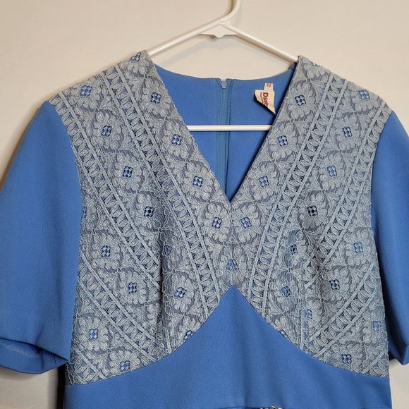 Vintage Dress Polyester Diolen Made in Europe Sz 44 Pleated Skirt Zip Back Belt - Picture 2 of 13